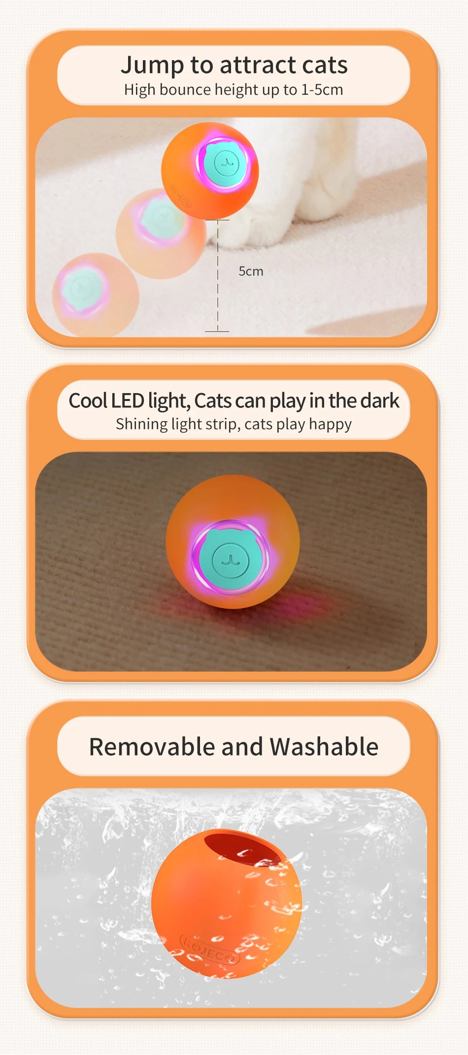 ROJECO Smart Pet Toys Cat Bouncing Ball Automatic Rolling Ball Interactive Training Self-moving Electric Toys Pet Accessories Boutique Gadgets