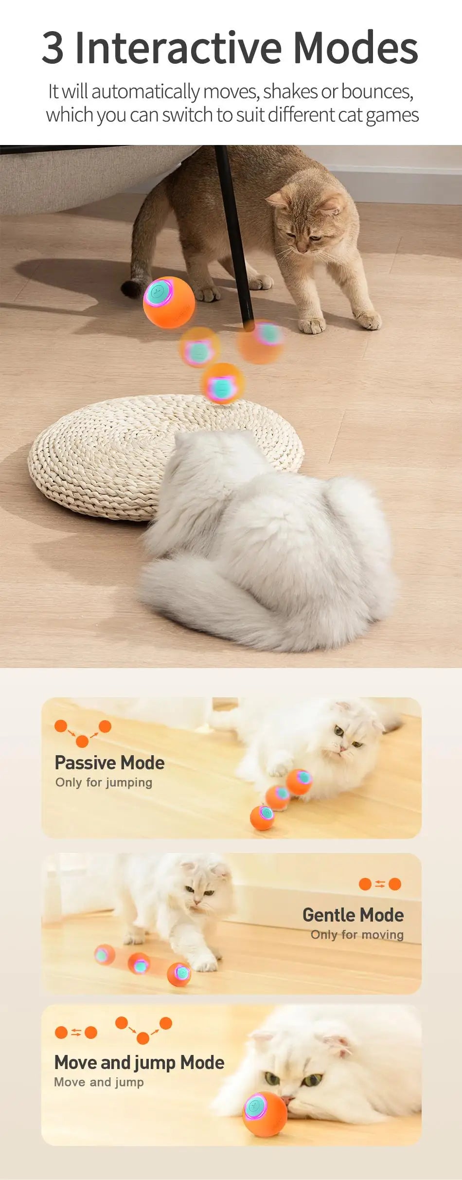 ROJECO Smart Pet Toys Cat Bouncing Ball Automatic Rolling Ball Interactive Training Self-moving Electric Toys Pet Accessories Boutique Gadgets